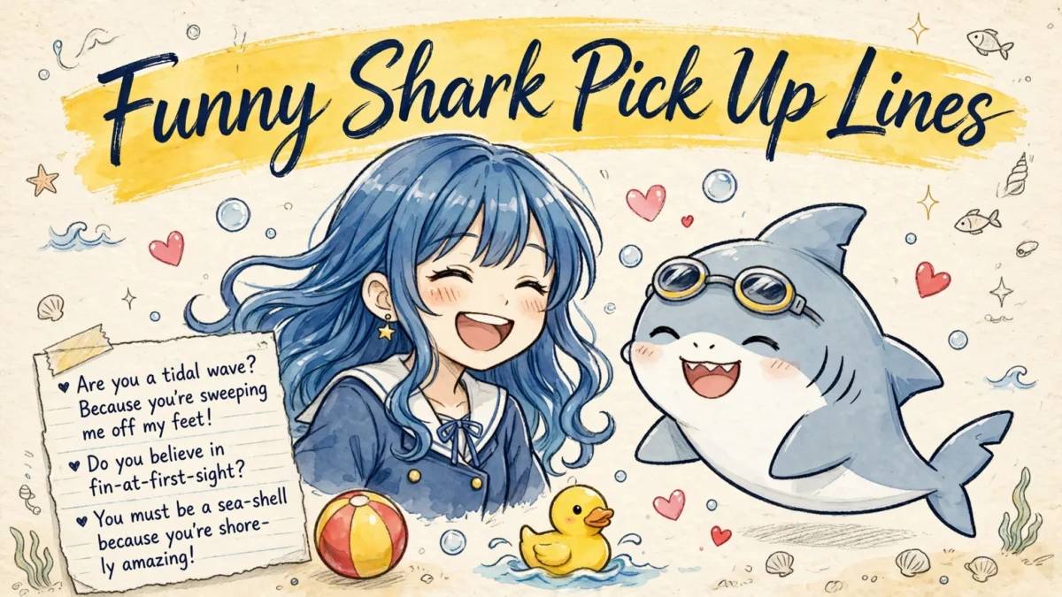 Funny Shark Pick Up Lines image: laughing anime girl with ocean-blue hair beside a giggling shark character wearing swim goggles