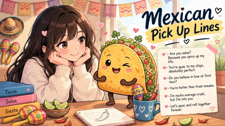 Mexican Pick Up Lines featured image: cute anime girl with long dark hair smiling beside a happy cartoon taco character, headline 'Mexican' in dark navy brush script with 'Pick Up Lines' on a yellow brush-stroke highlight, right-side note-paper with pink heart bullets listing sample lines, maracas, sombrero, chili peppers, papel picado banners, floating hearts, soft daylight.