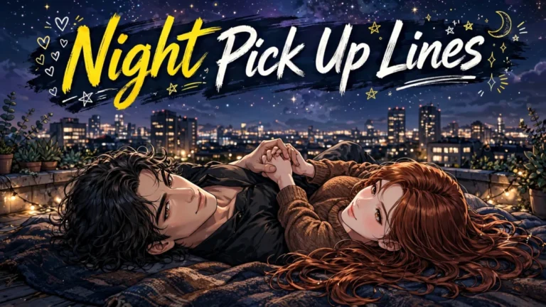 Night pick up lines: an anime couple holding hands while stargazing on a rooftop above city lights.