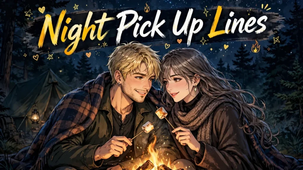 Flirty night pick up lines: an anime couple sharing a blanket by a campfire under a starry sky.