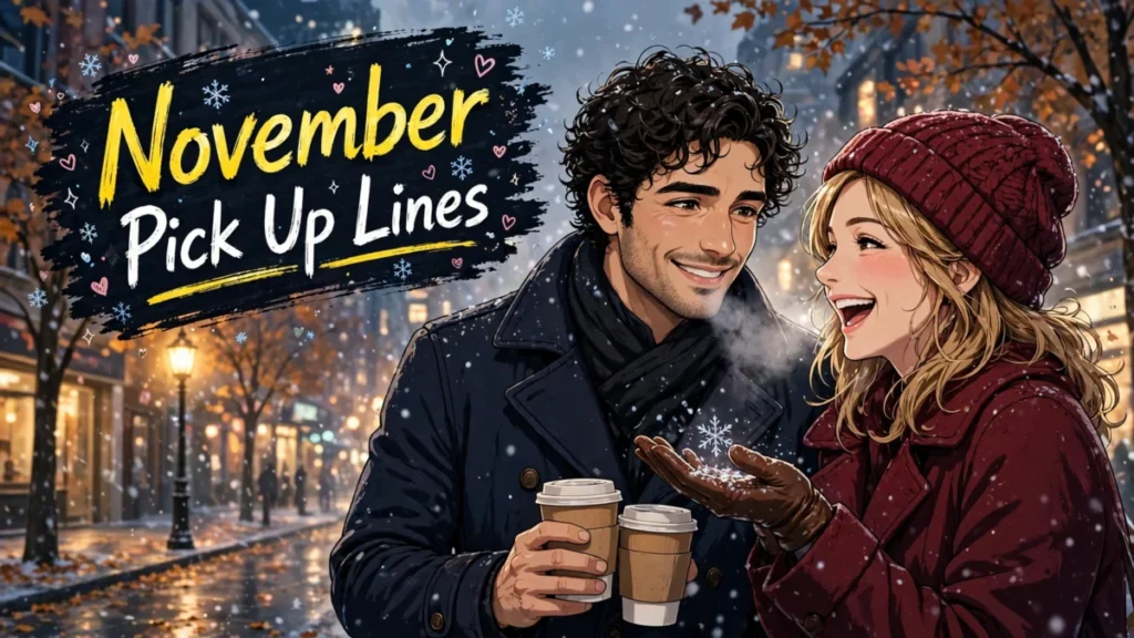 A cute anime couple catching the first snow of the season with sweet november pick up lines in the air