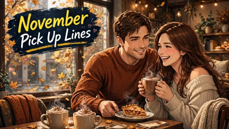 A cozy anime couple in warm sweaters sharing hot drinks because november pick up lines make cold nights romantic