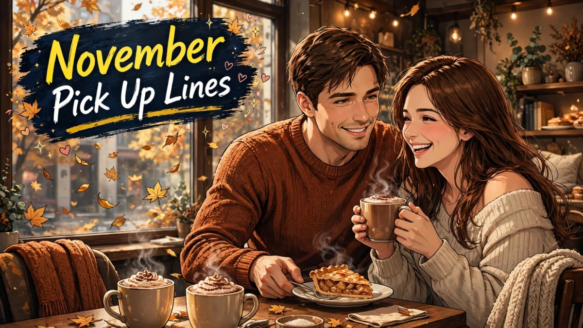 A cozy anime couple in warm sweaters sharing hot drinks because november pick up lines make cold nights romantic