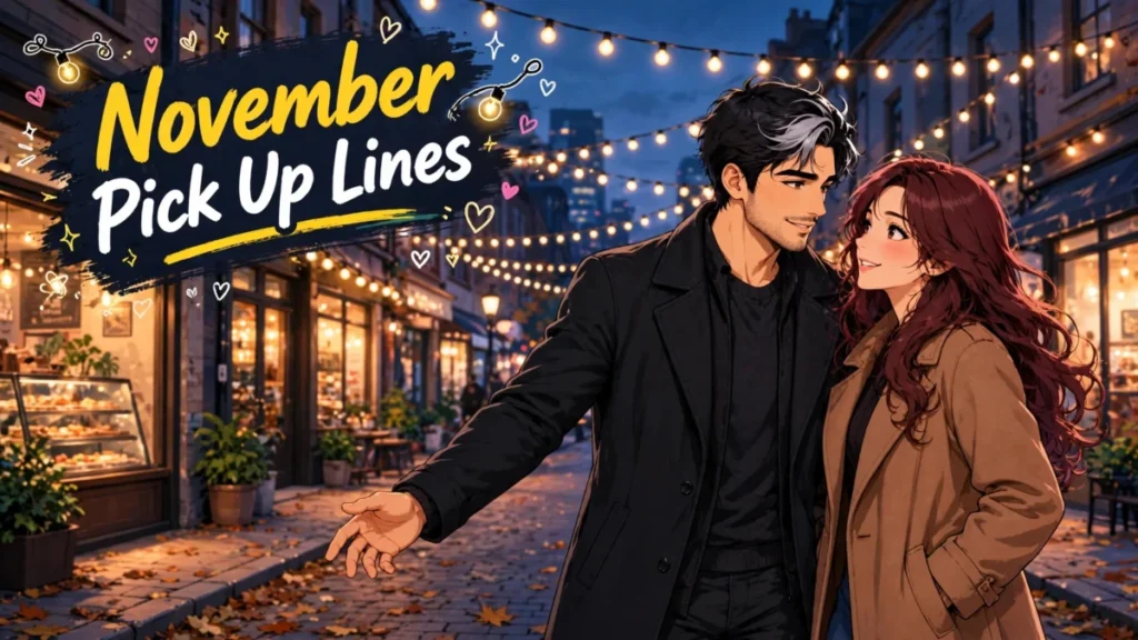 A flirty anime couple strolling under the first holiday lights of the season sharing november pick up lines
