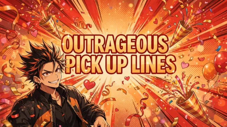 Outrageous Pick Up Lines featured image: bold anime guy with spiky hair at a confetti party, title text in the center