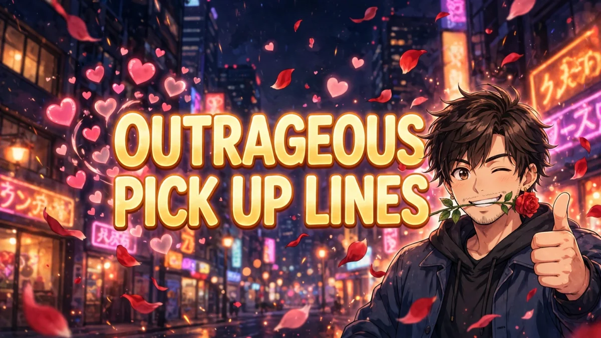 Flirty Outrageous Pick Up Lines image: winking anime guy with a rose at night, title text in the center
