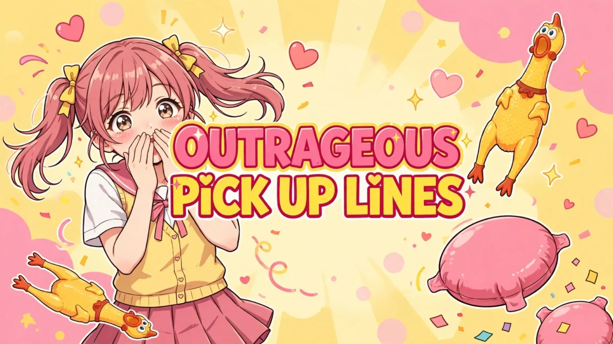 Funny Outrageous Pick Up Lines image: laughing anime girl with pigtails and comedy props, title text in the center