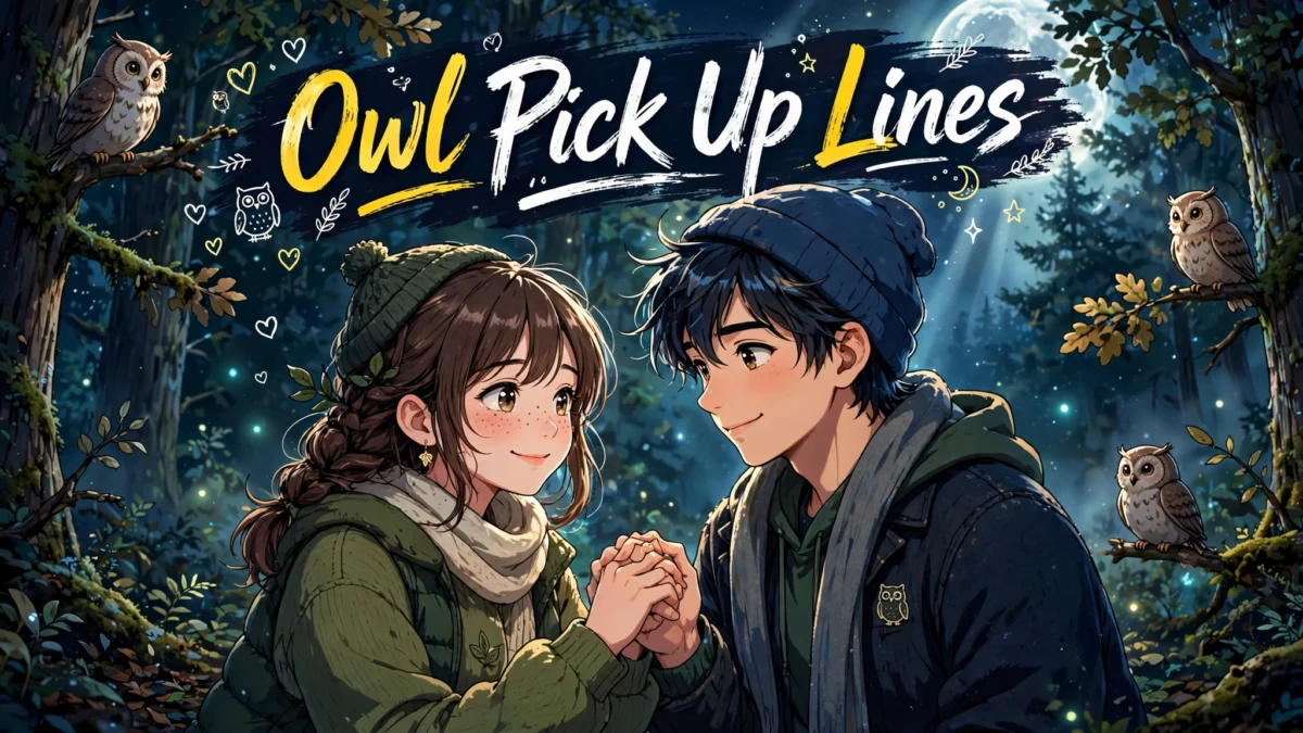 A young couple holding hands in a moonlit forest with owls, illustrating owl pick up lines