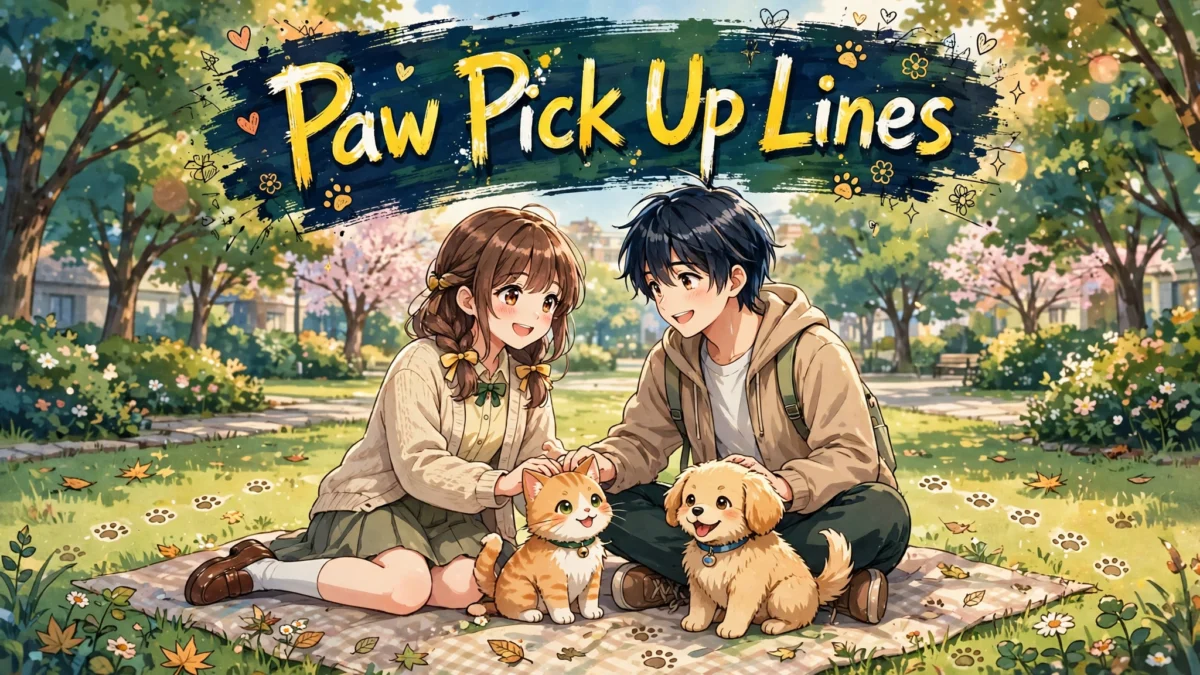 A cute couple with their dog and cat sharing a sweet moment surrounded by paw prints, perfect for these paw pick up lines