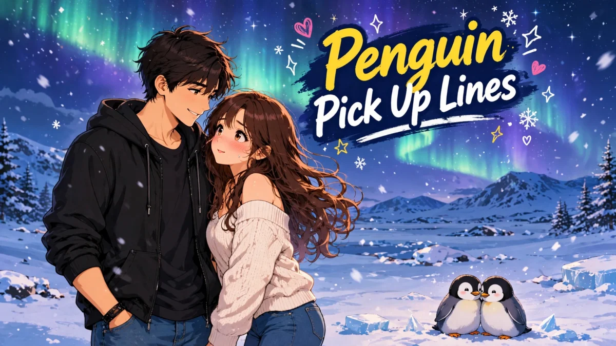 Flirty Penguin Pick Up Lines image: anime couple standing close under the aurora borealis while two penguins cuddle on the snow, title text in the upper area