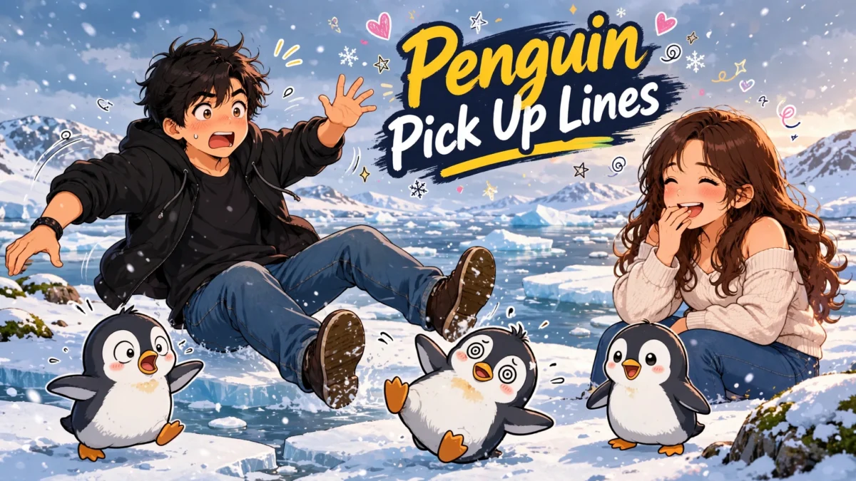 Funny Penguin Pick Up Lines image: anime boy slipping on ice while a girl laughs beside him, three penguins reacting on the snow, title text in the upper area