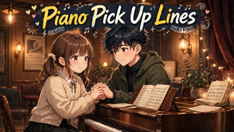 A young couple holding hands at a grand piano in a warm concert room, illustrating piano pick up lines