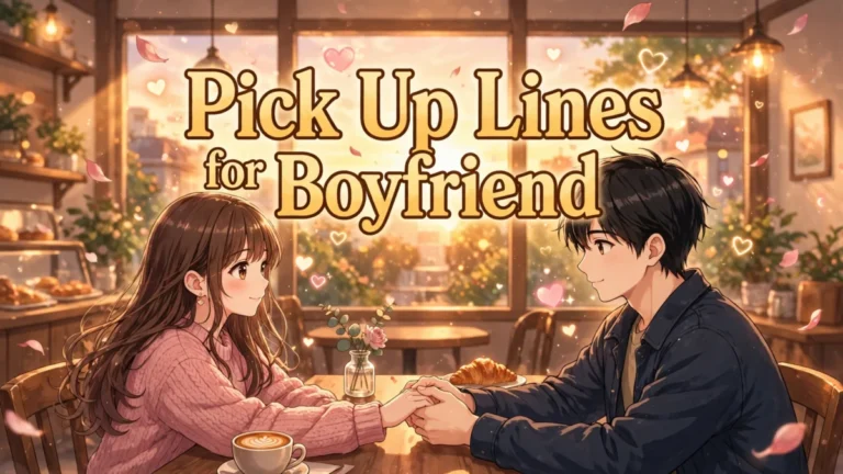 Pick Up Lines for Boyfriend featured image: cute anime couple holding hands in a cozy cafe at sunset, title text in the center