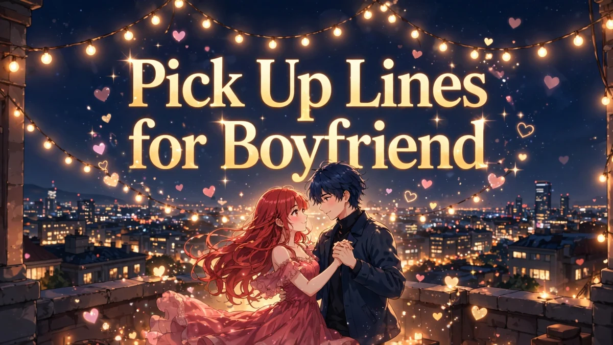 Flirty Pick Up Lines for Boyfriend image: anime couple slow-dancing on a rooftop at night under string lights, title text in the center