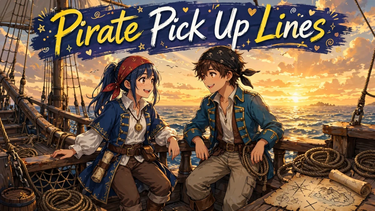 A young pirate couple sharing a smile on deck at sunset, perfect for pirate pick up lines.