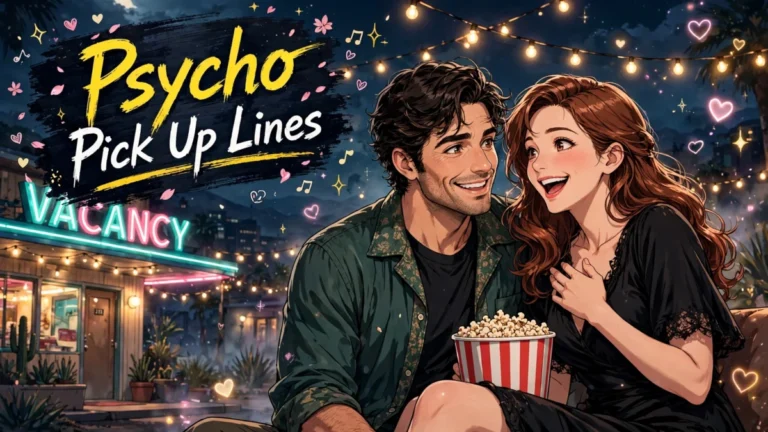 A playful spooky cute couple laughing together because these psycho pick up lines are crazy in love, never creepy