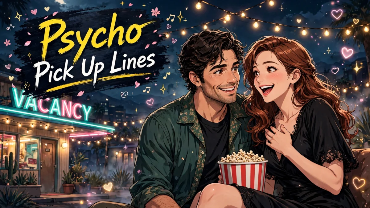A playful spooky cute couple laughing together because these psycho pick up lines are crazy in love, never creepy