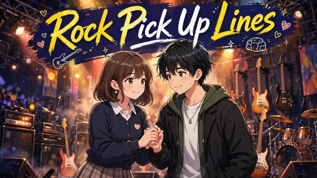 Young couple sharing a sweet moment at a rock concert inspired by rock pick up lines