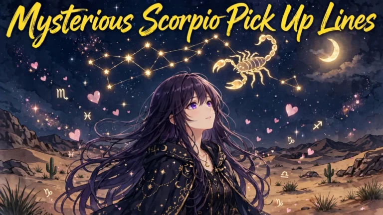 Mysterious Scorpio Pick Up Lines featured image: anime girl with long dark purple hair under a starry night sky with a glowing scorpion constellation and floating hearts