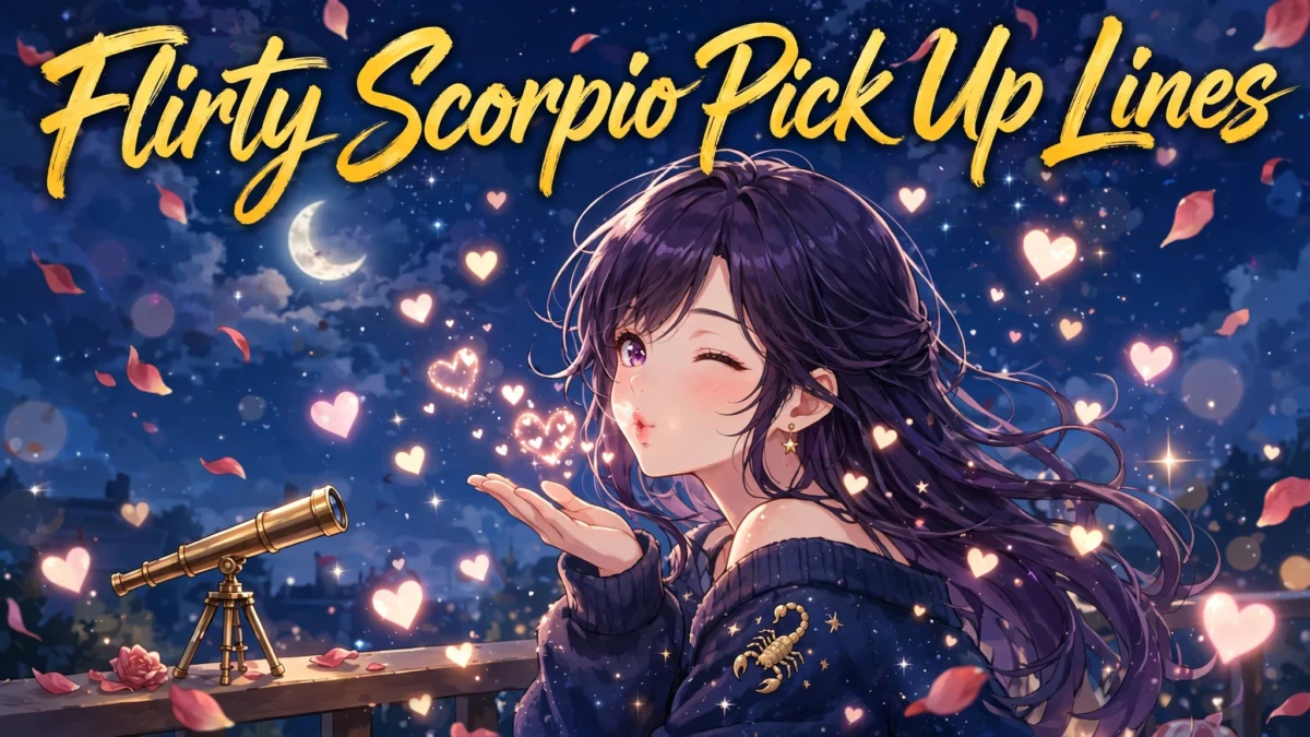 Flirty Scorpio Pick Up Lines image: winking anime girl blowing a kiss under the moonlight with floating hearts and rose petals