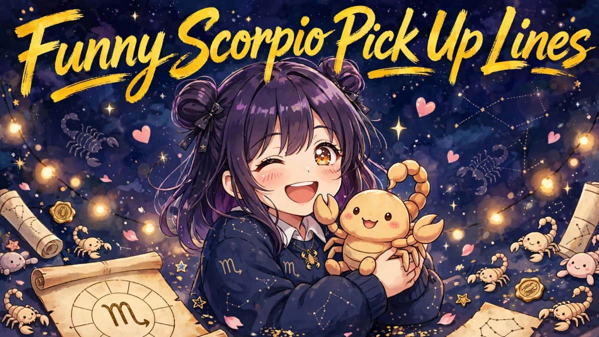 Funny Scorpio Pick Up Lines image: laughing anime girl holding a cute scorpion plushie with stars and floating hearts