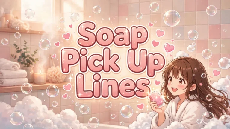 Soap Pick Up Lines featured image: cheerful anime girl in a bubble-bath scene holding a sparkling bar of soap, title text in the center