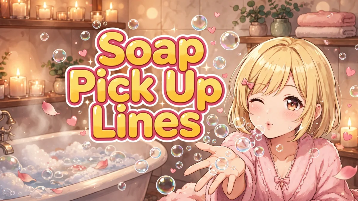 Flirty Soap Pick Up Lines image: winking anime girl in a pink robe blowing soap bubbles toward the viewer, title text in the center