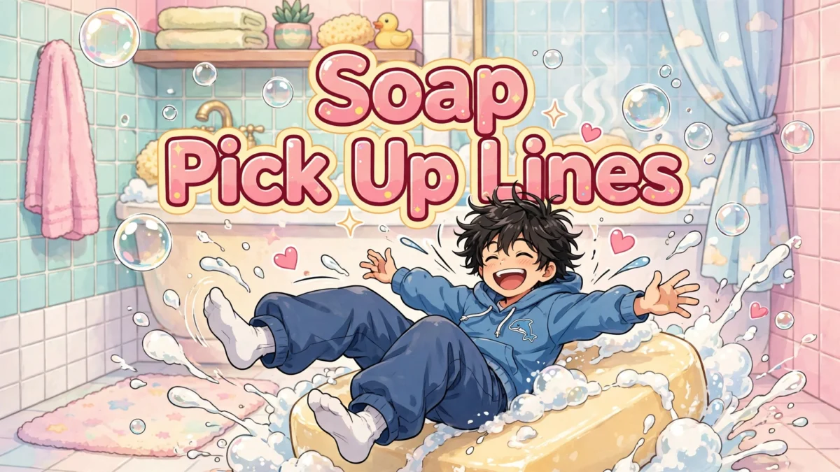 Funny Soap Pick Up Lines image: laughing anime boy slipping on a giant bar of soap amid flying suds, title text in the center