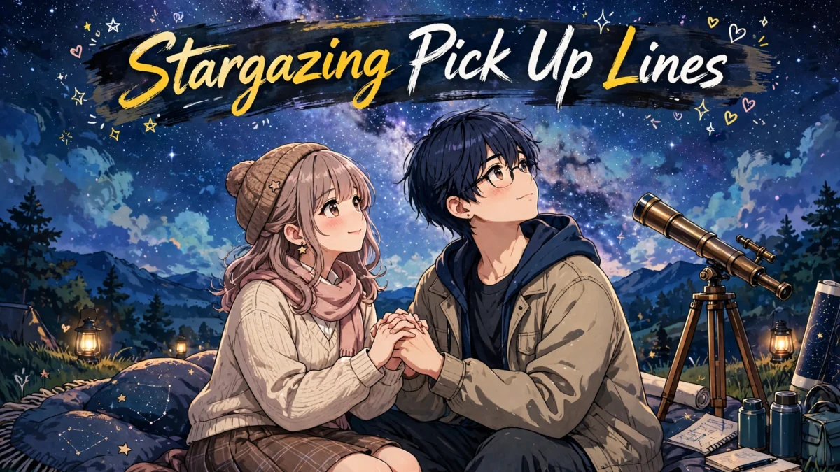A young anime couple holding hands under a sparkling starry sky, perfect for stargazing pick up lines.