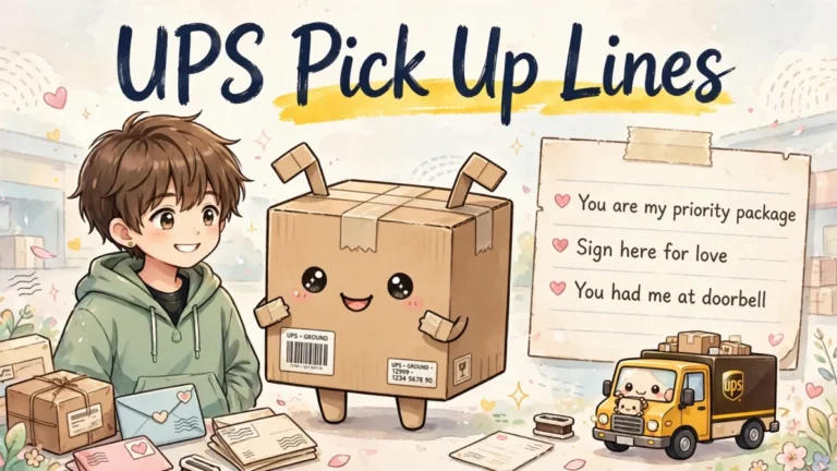 UPS Pick Up Lines featured image: cute anime boy smiling beside a smiling cardboard delivery box character