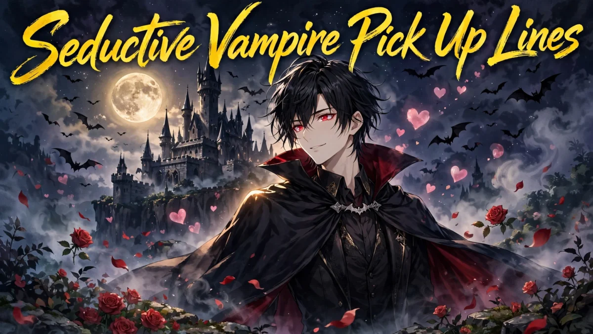 Seductive Vampire Pick Up Lines featured image: anime boy vampire in a dark cape before a gothic castle under a full moon with bats and floating hearts