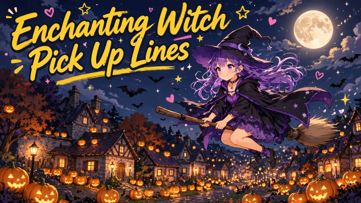 Witch pick up lines featured image with enchanting witch on broomstick