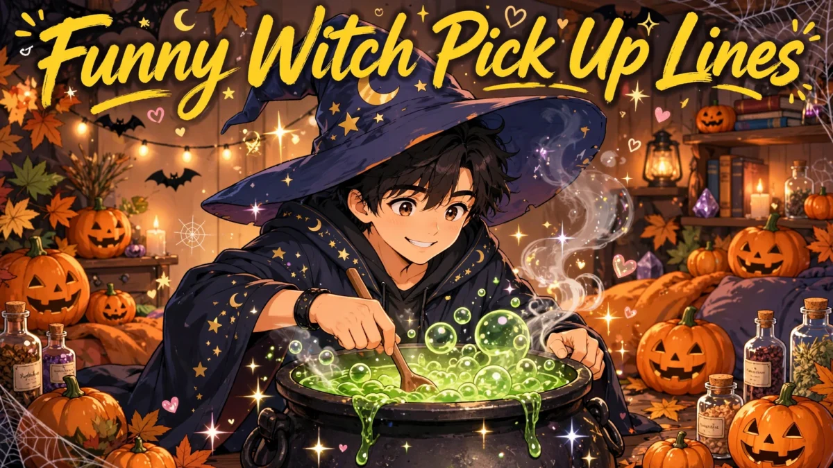 Funny witch pick up lines with wizard stirring cauldron