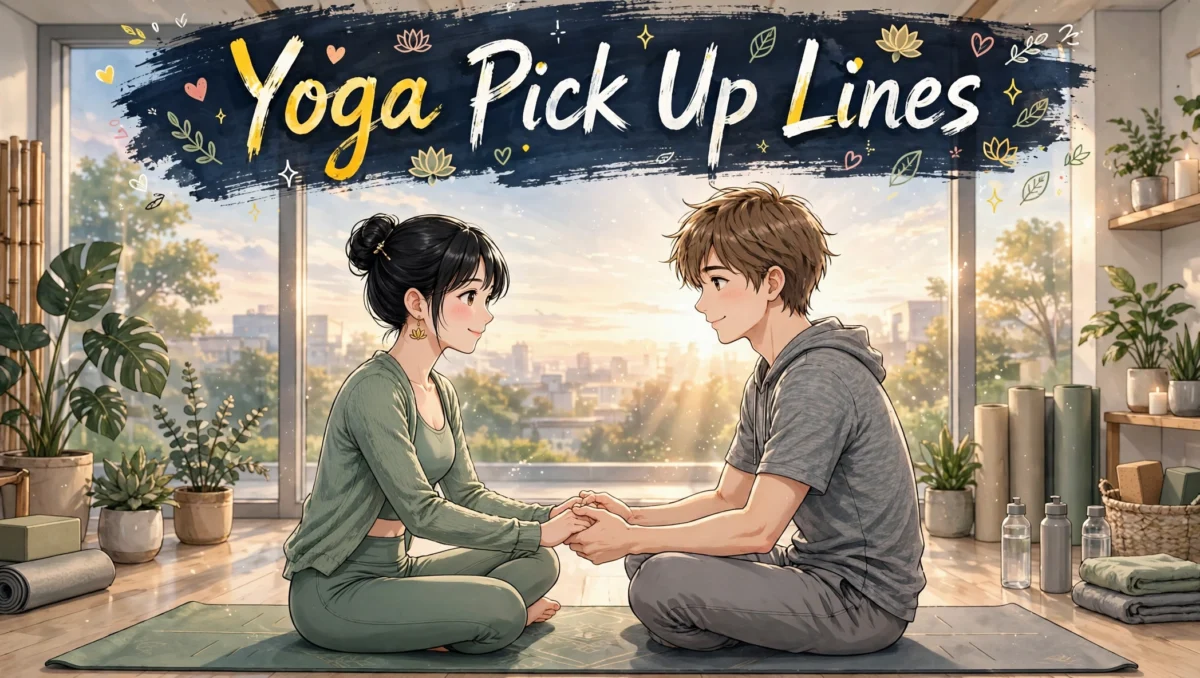 A young anime couple in yoga clothes smiling at each other on their mats, perfect for yoga pick up lines.