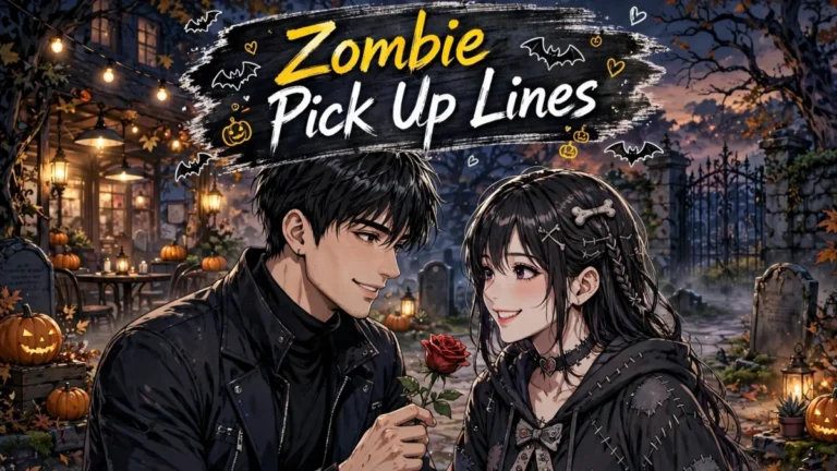 Zombie pick up lines: an anime couple flirting at a graveyard cafe, the boy offering a rose under pumpkins and lantern lights.